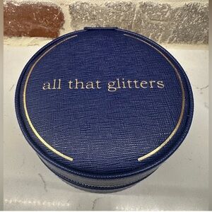 MUD PIE Navy Blue Round Jewelry Case imprinted with “all that glitters”  NWOT